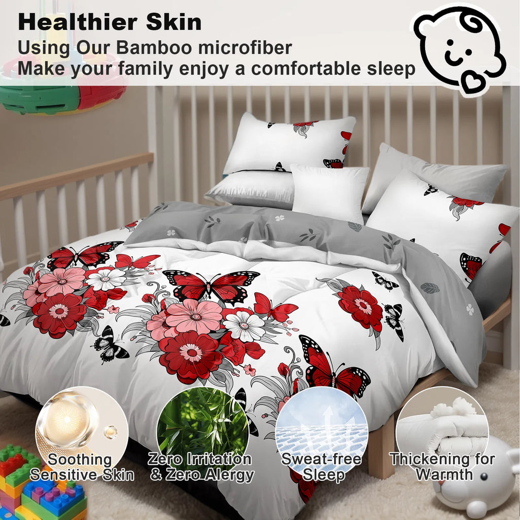 4-Piece Red Butterfly Floral Bedding Set - Microfiber Duvet Cover + Pillow Shams + Fitted Bed Sheet