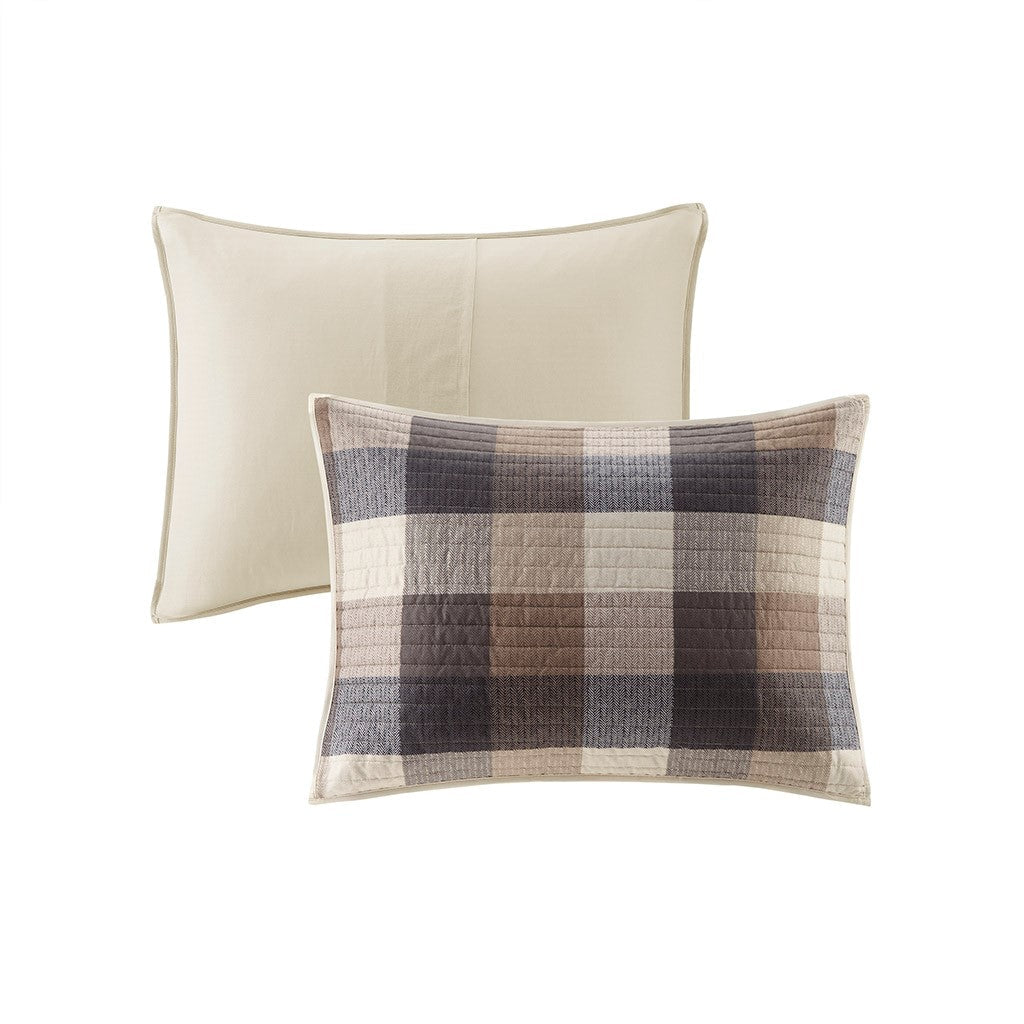 Printed Herringbone Quilt Set 6 Piece with Throw Pillows - Gray Plaid