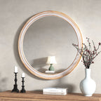 30" Round Solid Wood Farmhouse Wall Mirror - Rustic Boho Circle Mirror