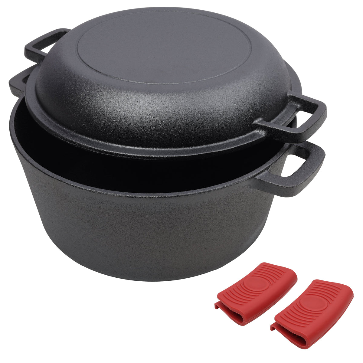 2 in 1 Pre-Seasoned Cast Iron Dutch Oven With Dual Handles, Outdoor Camping Deep Pot for Camping Fireplace Cooking BBQ Baking Campfire, 5 Quart.W — product image