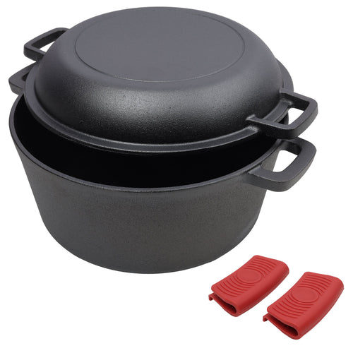 2 in 1 Pre-Seasoned Cast Iron Dutch Oven With Dual Handles, Outdoor Camping Deep Pot for Camping Fireplace Cooking BBQ Baking Campfire, 5 Quart.W — product image