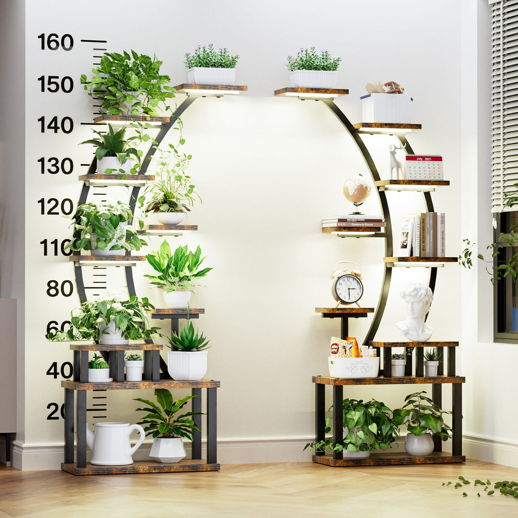 9 Tiered Indoor Plant Stand with 5 Adjustable Grow Lights - Light Brown