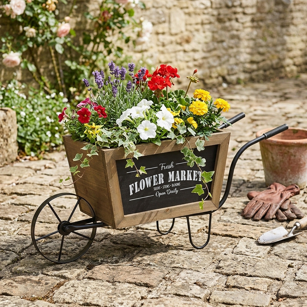 Farmhouse Wheelbarrow Planter with Flower Market Sign - Wood & Iron