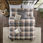 Printed Herringbone Quilt Set 6 Piece with Throw Pillows - Gray Plaid
