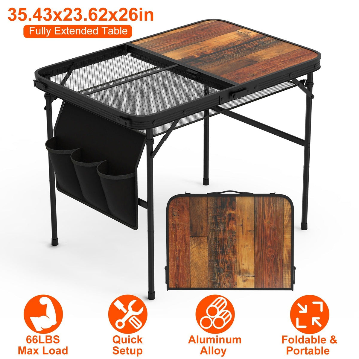 35.43x23.62x26in Foldable Camping Table Collapsible Picnic Aluminum Alloy Grill Stand 66LBS Max Load Height Adjustable BBQ Table with Adjustable Heigh