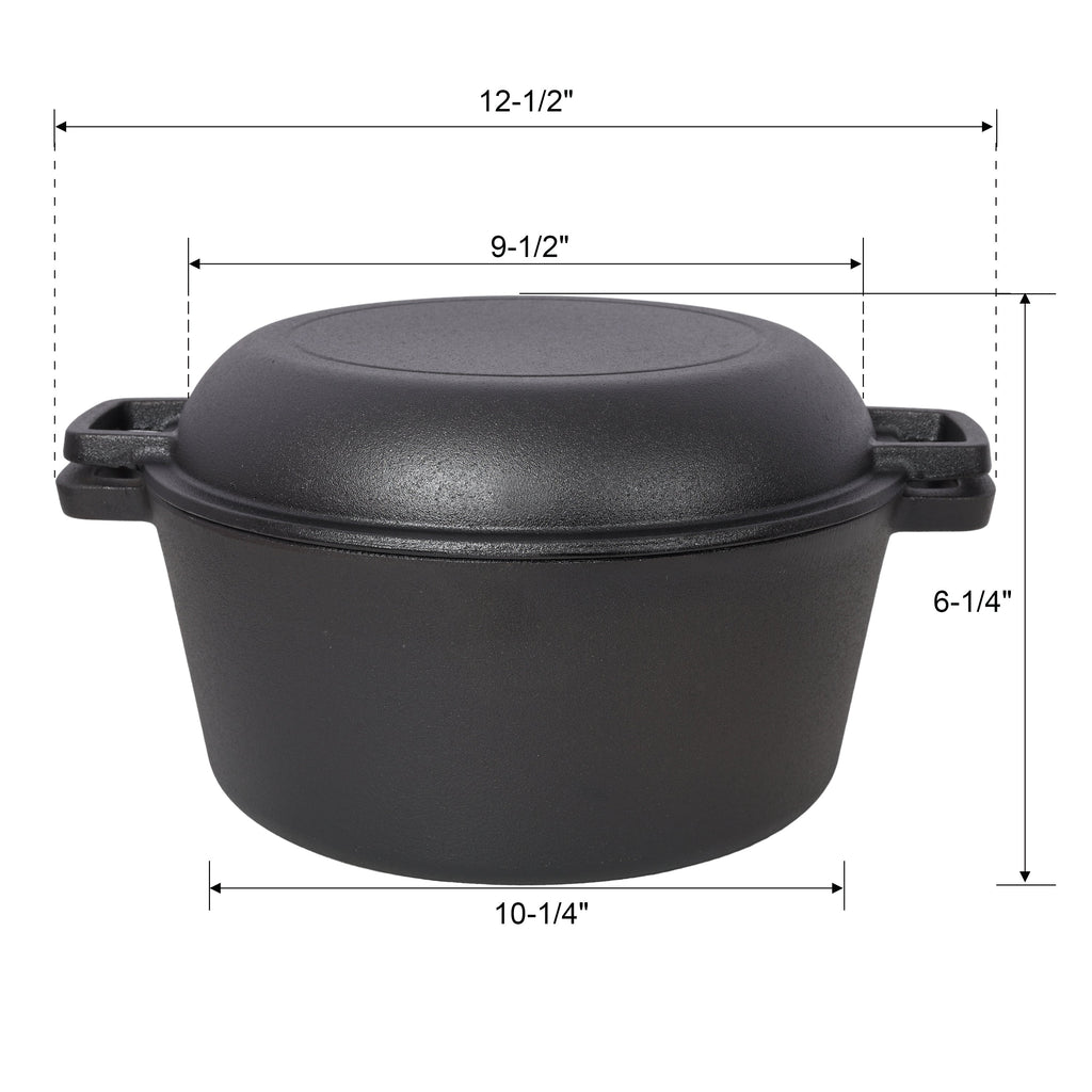 2 in 1 Pre-Seasoned Cast Iron Dutch Oven With Dual Handles, Outdoor Camping Deep Pot for Camping Fireplace Cooking BBQ Baking Campfire, 5 Quart.With 2pcs Silicone Handel Covers.