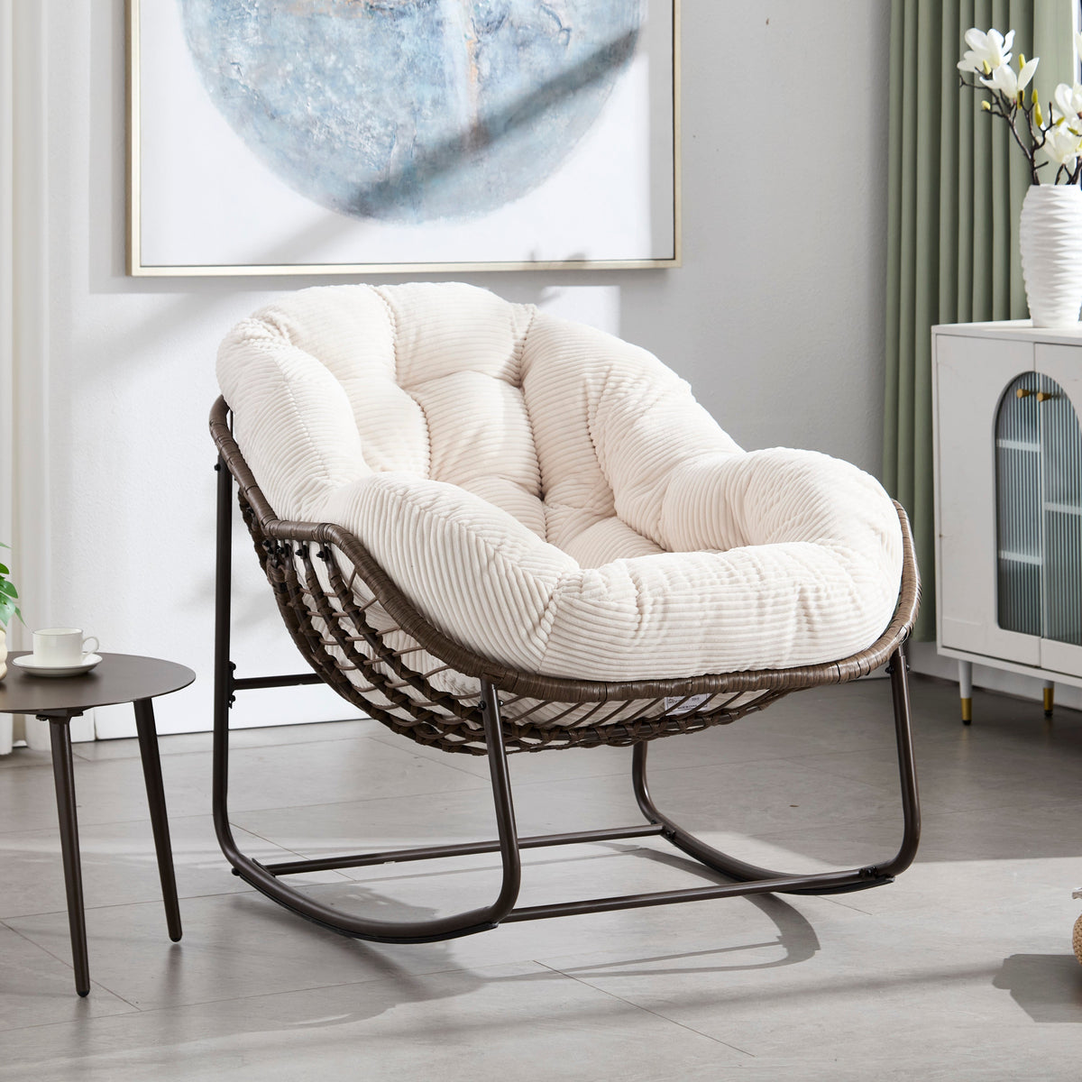 Outdoor Rattan Rocking Chair,Padded Cushion Rocker Recliner Chair Outdoor for Front Porch, Living Room, Patio, Garden, 
White