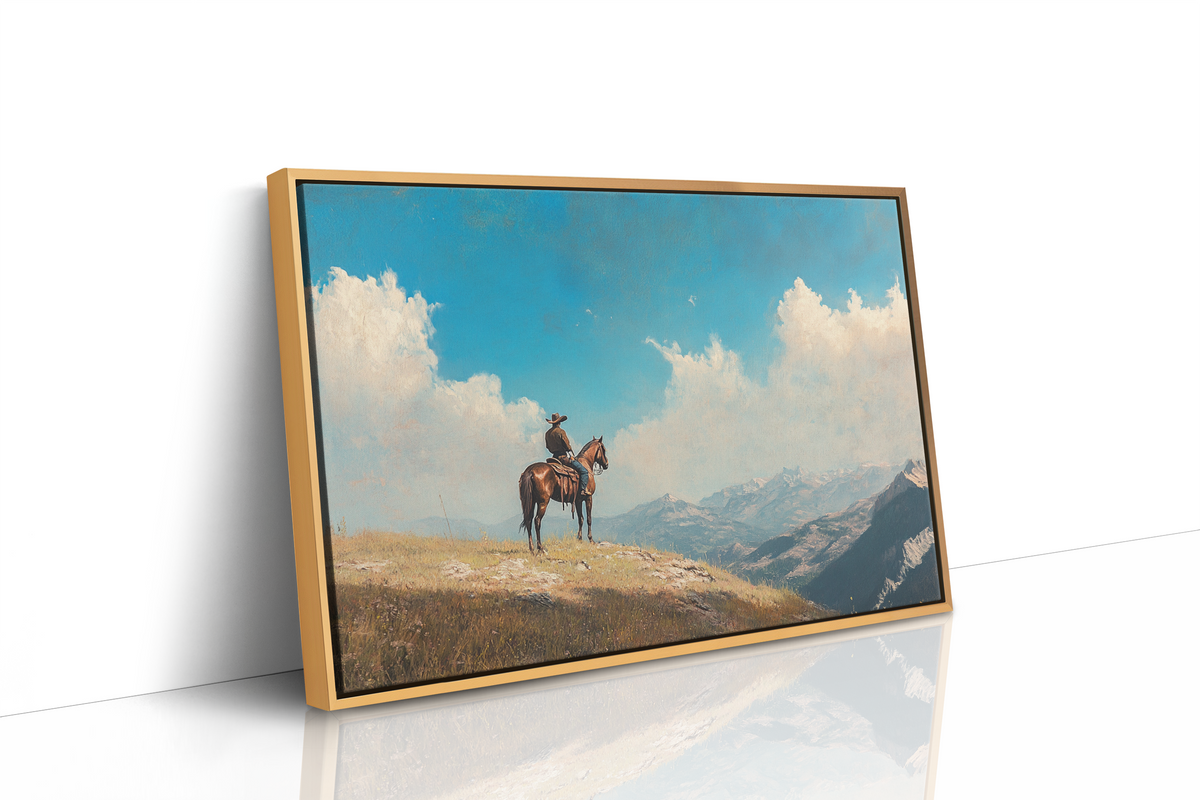 Lone Cowboy on Horseback – Western Mountain Landscape Wall Art Print