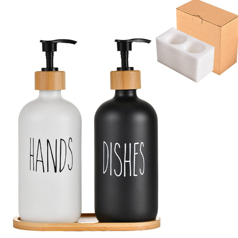 Glass 500ml Boston hand soap pump black and white split bottle wooden cap soap dispenser shampoo bottle — product image