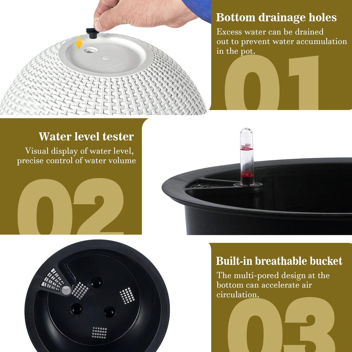 Self Watering Hanging Planter with Water Level Indicator - White, Black, or Dark Brown