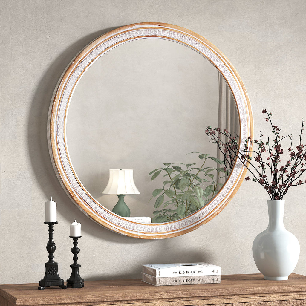 30" Round Solid Wood Farmhouse Wall Mirror - Rustic Boho Circle Mirror
