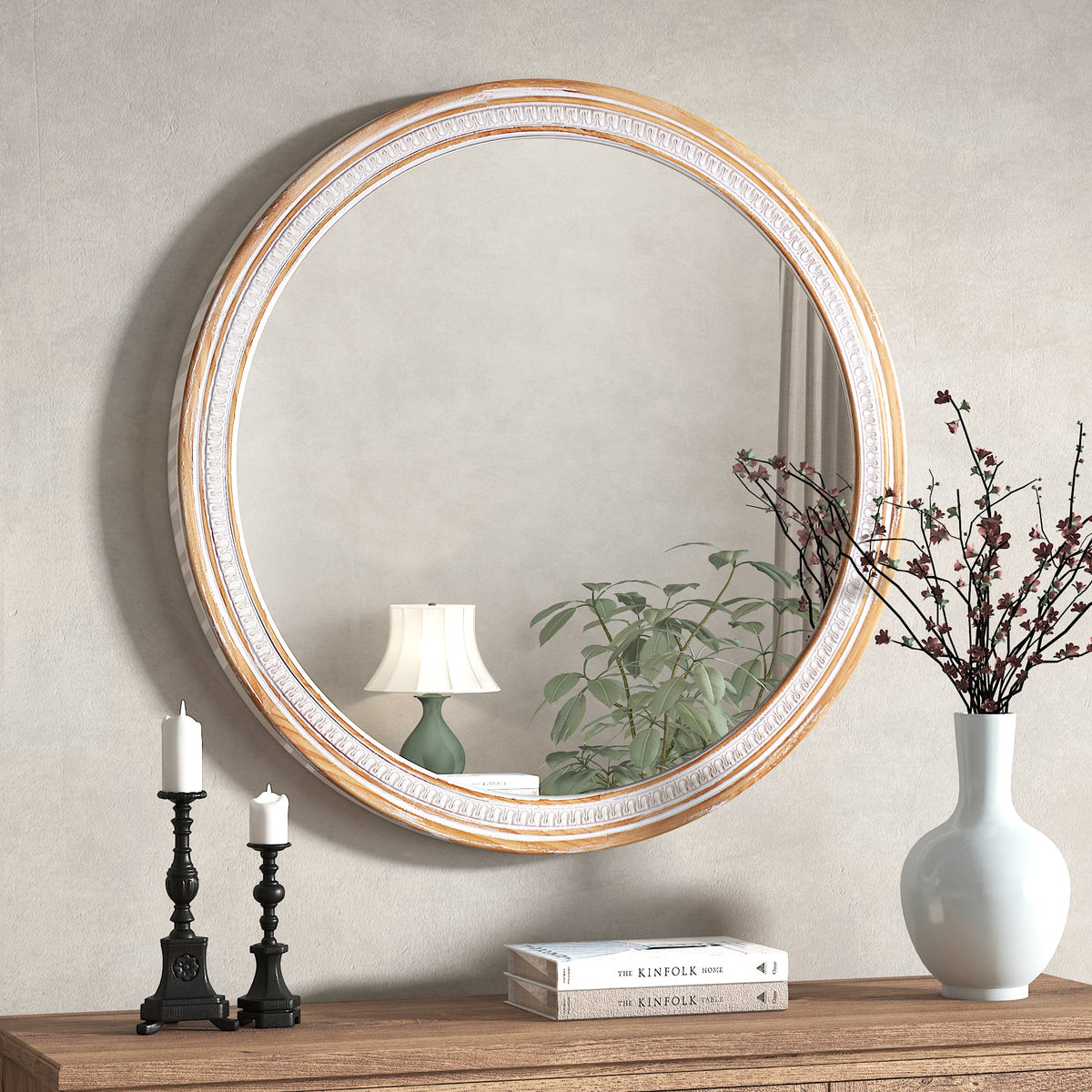 30" Round Solid Wood Farmhouse Wall Mirror - Rustic Boho Circle Mirror