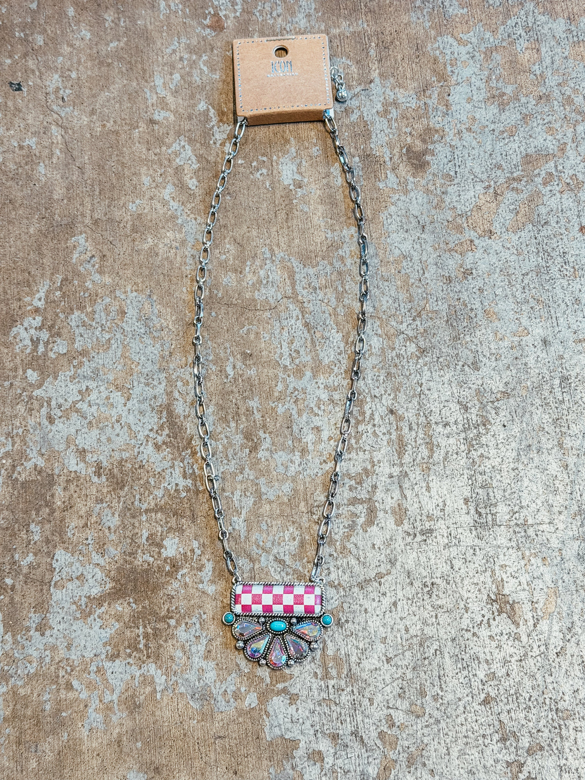 Pink Checkered Crystal Fan Pendant Necklace – Turquoise Accent Western Glam Necklace