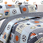 Blue Sports Baseball Basketball Soccer Football Print Patchwork Boy Reversible Quilt Bedding Set