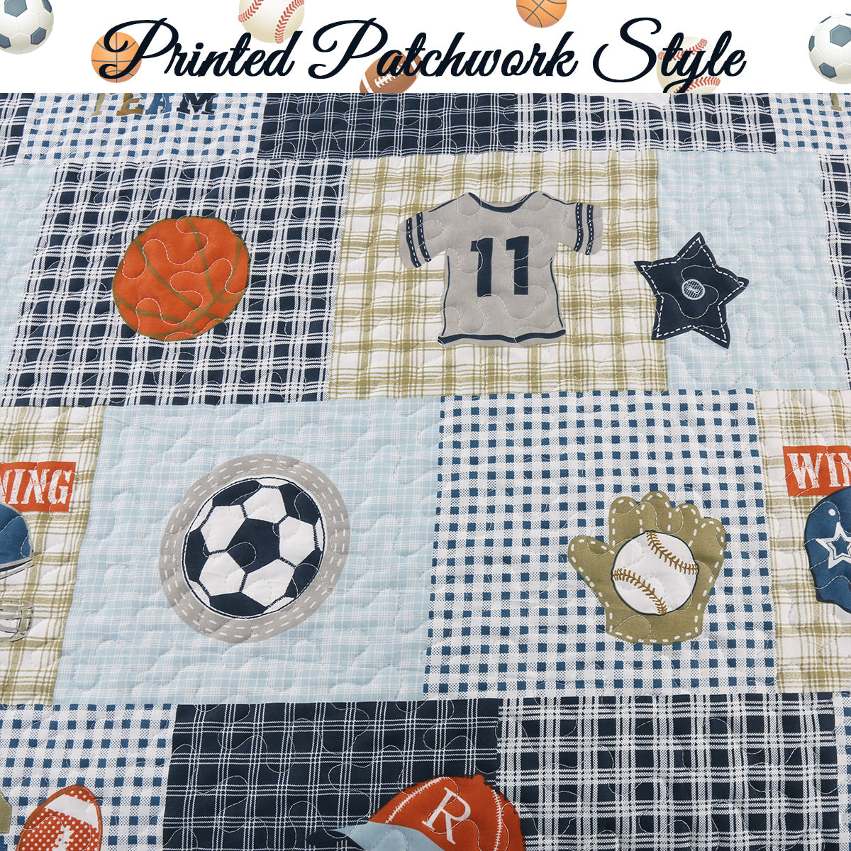 Blue Sports Baseball Basketball Soccer Football Print Patchwork Boy Reversible Quilt Bedding Set