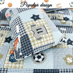 Blue Sports Baseball Basketball Soccer Football Print Patchwork Boy Reversible Quilt Bedding Set
