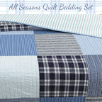 Navy Klein Blue Plaid Stripe Tartan Patchwork Cotton Reversible Quilt Bedding Set