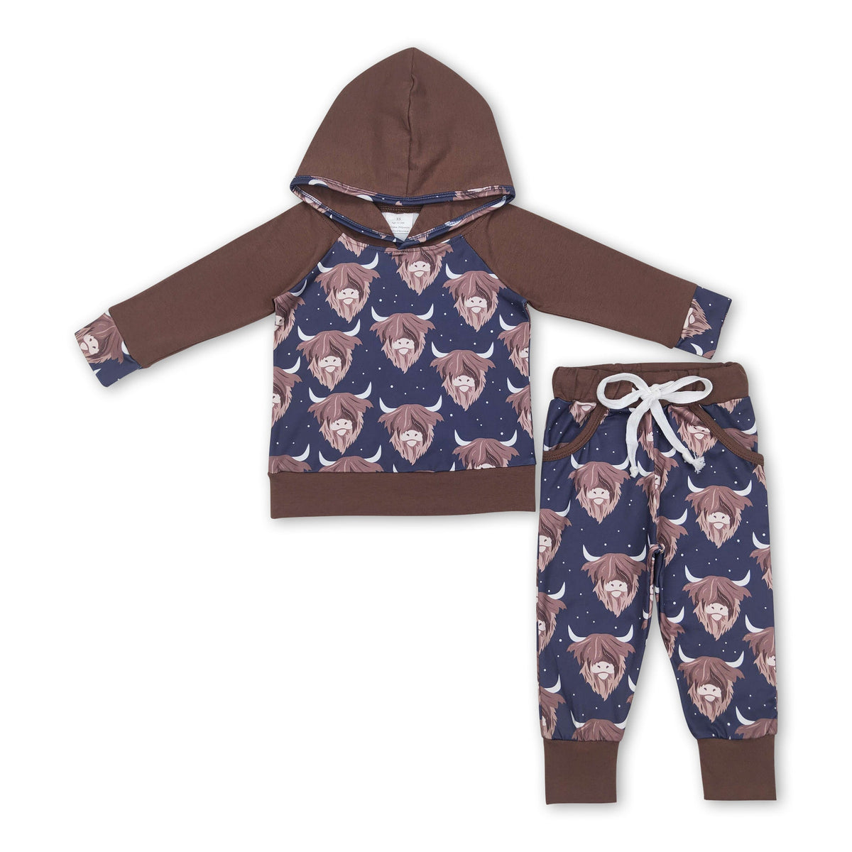 Brown highland cow hoodie pants kids boy western outfits — product image