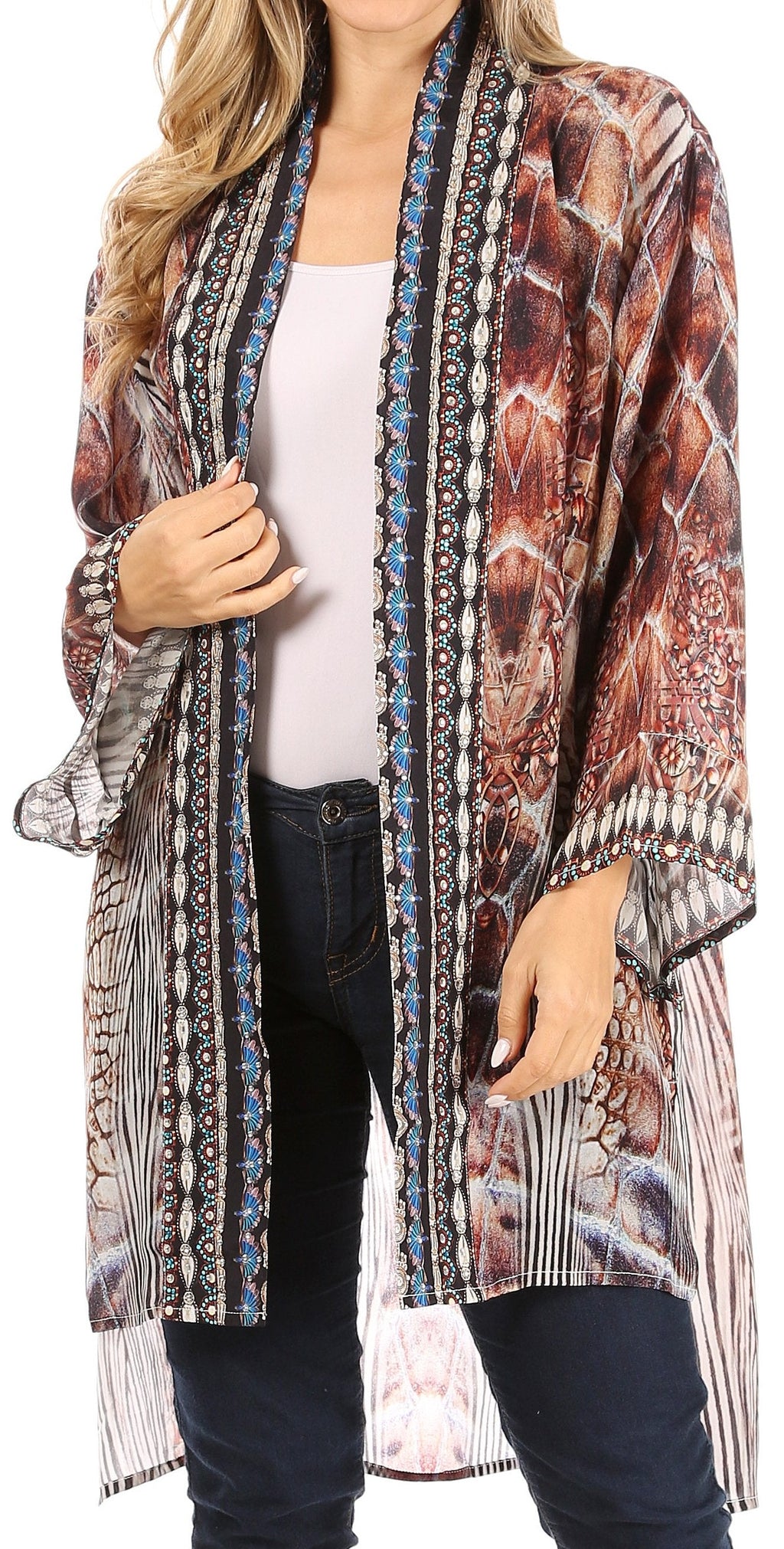 Sakkas Aremi Women Floral Printed Open Front Cardigan Top Boho Casual Short Sleeve — product image