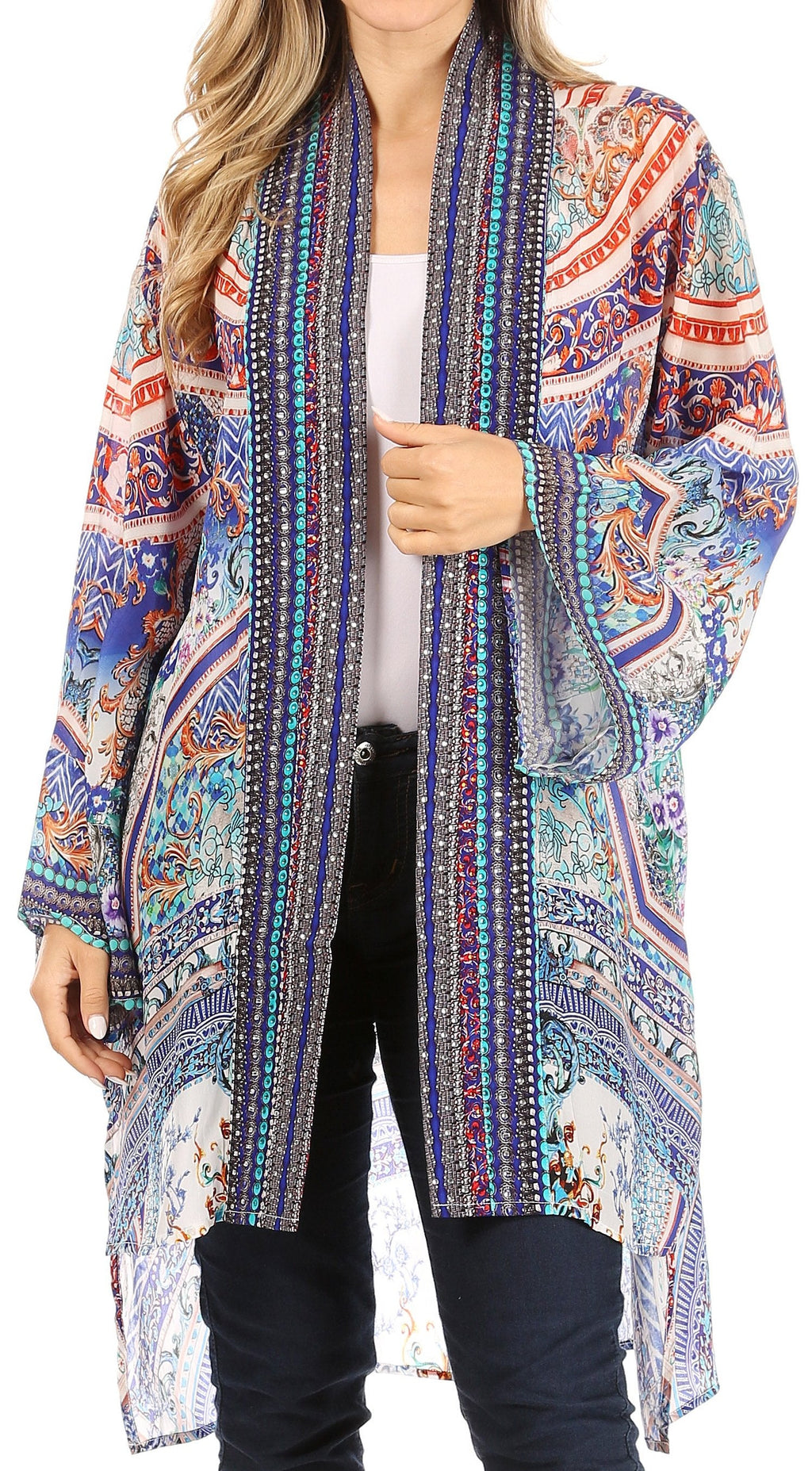 Sakkas Aremi Women Floral Printed Open Front Cardigan Top Boho Casual Short Sleeve