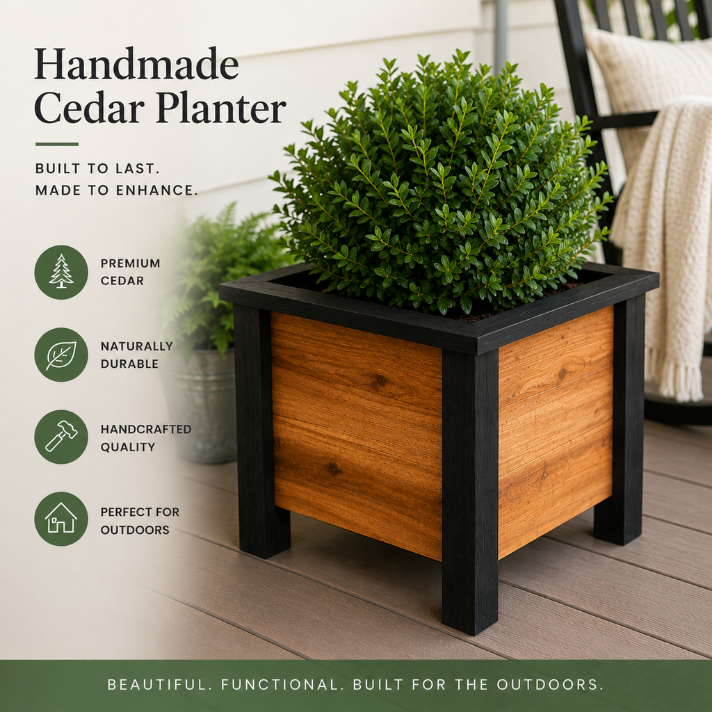 Handmade Cedar Planter Box 16x16x16 | Outdoor Wooden Flower Planter | Raised Garden Planter | Available Natural Cedar or Black Stained Trim | Por — product image