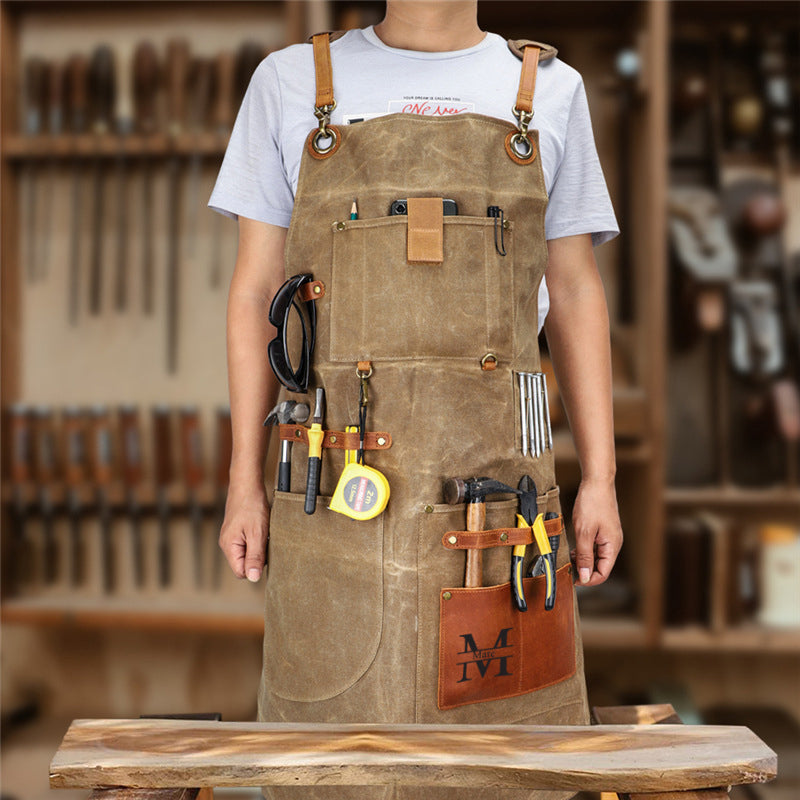 Custom Waxed Canvas Work Apron, Canvas apron with Tool Pockets, Personalized Utility Apron for Men & Women — product image