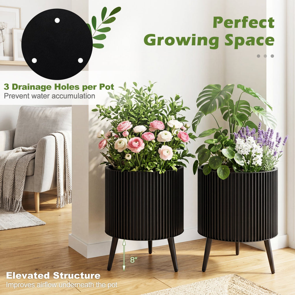 Fluted Metal Planter Pots with Stand Set of 2