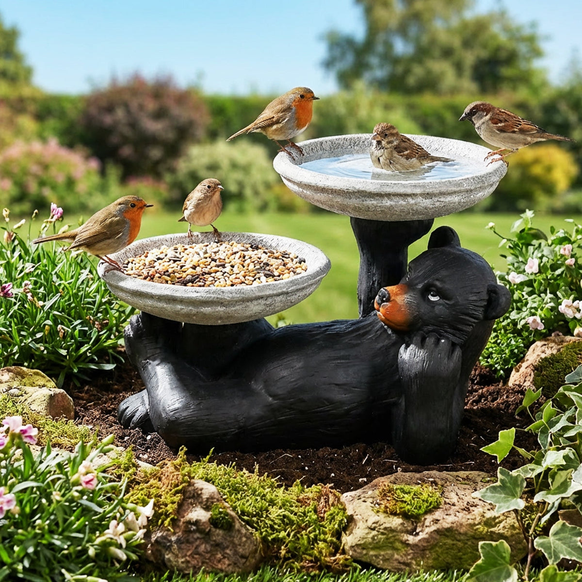 Concrete Bird Feeder with Bird Bath Bear 18 Inch
