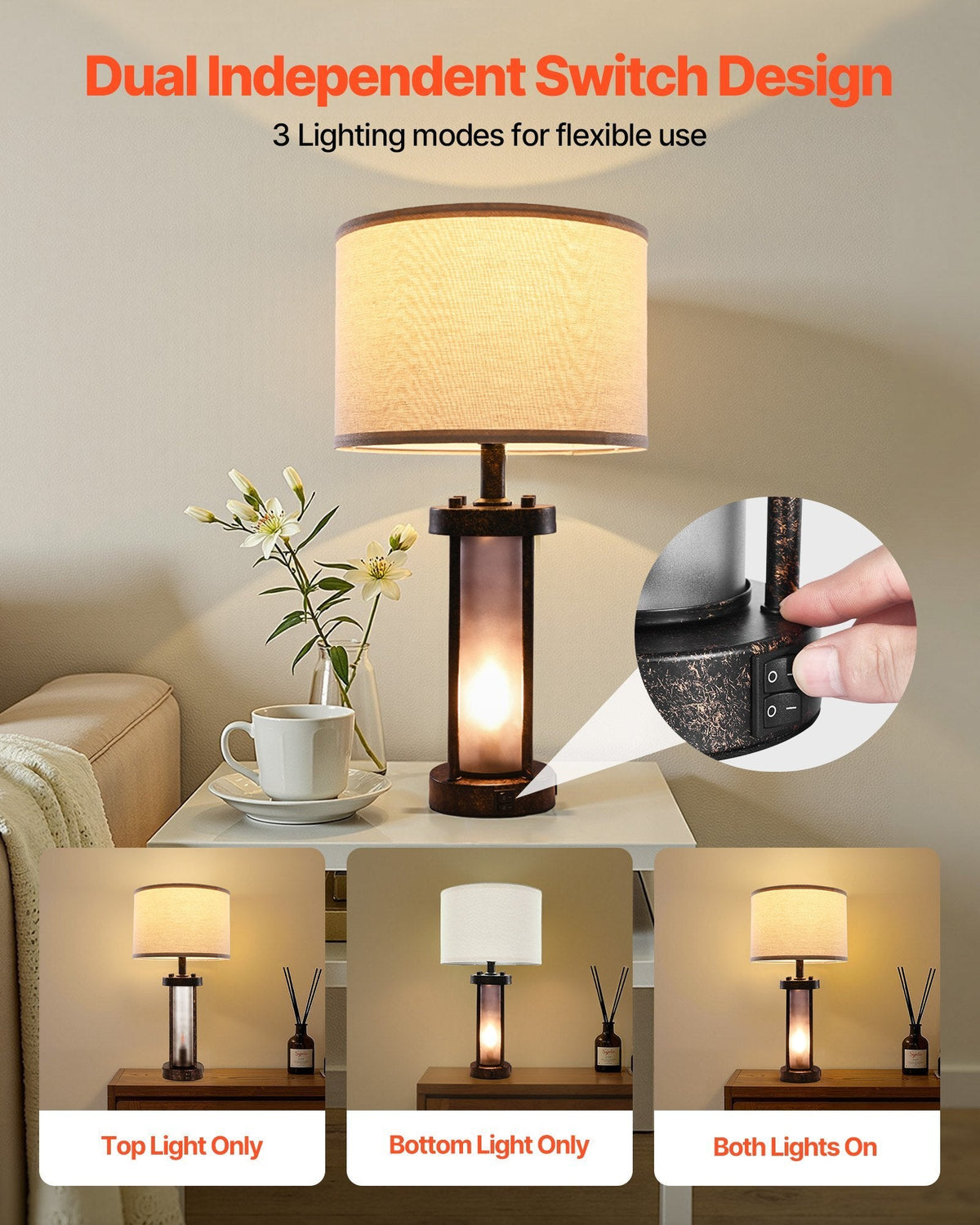 Table Lamps Set of 2, Dimmable Farmhouse Bedside Nightstand Lamps, Vintage Lamp with LED Bulb and Linen Shades, Bedside Lamp with USB C+A Ports & — product image