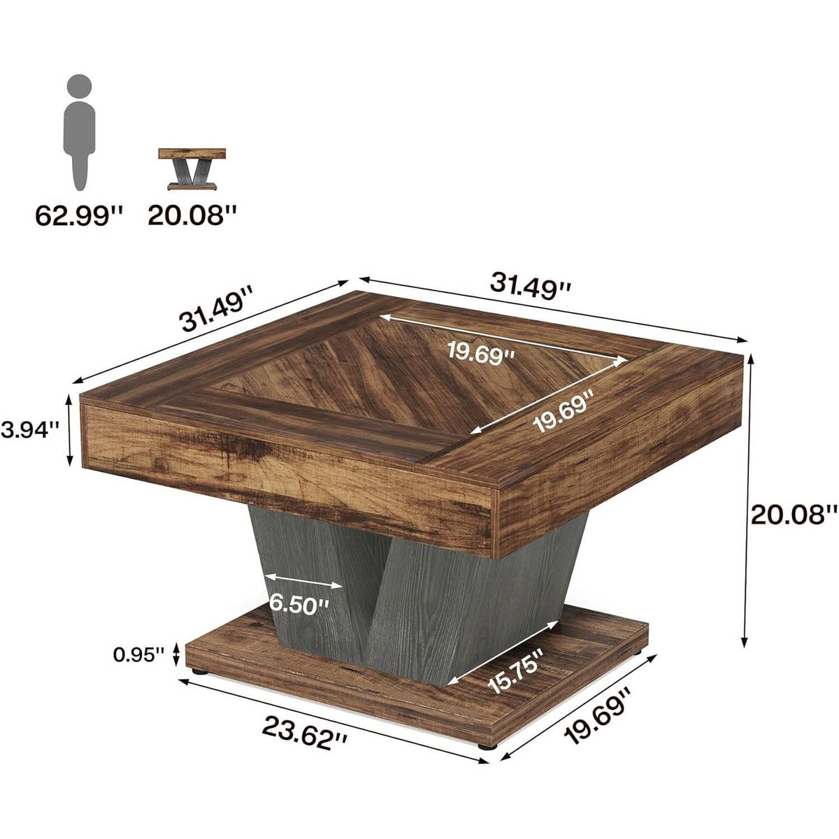 Square Farmhouse Coffee Table in Brown Black Wood Finish