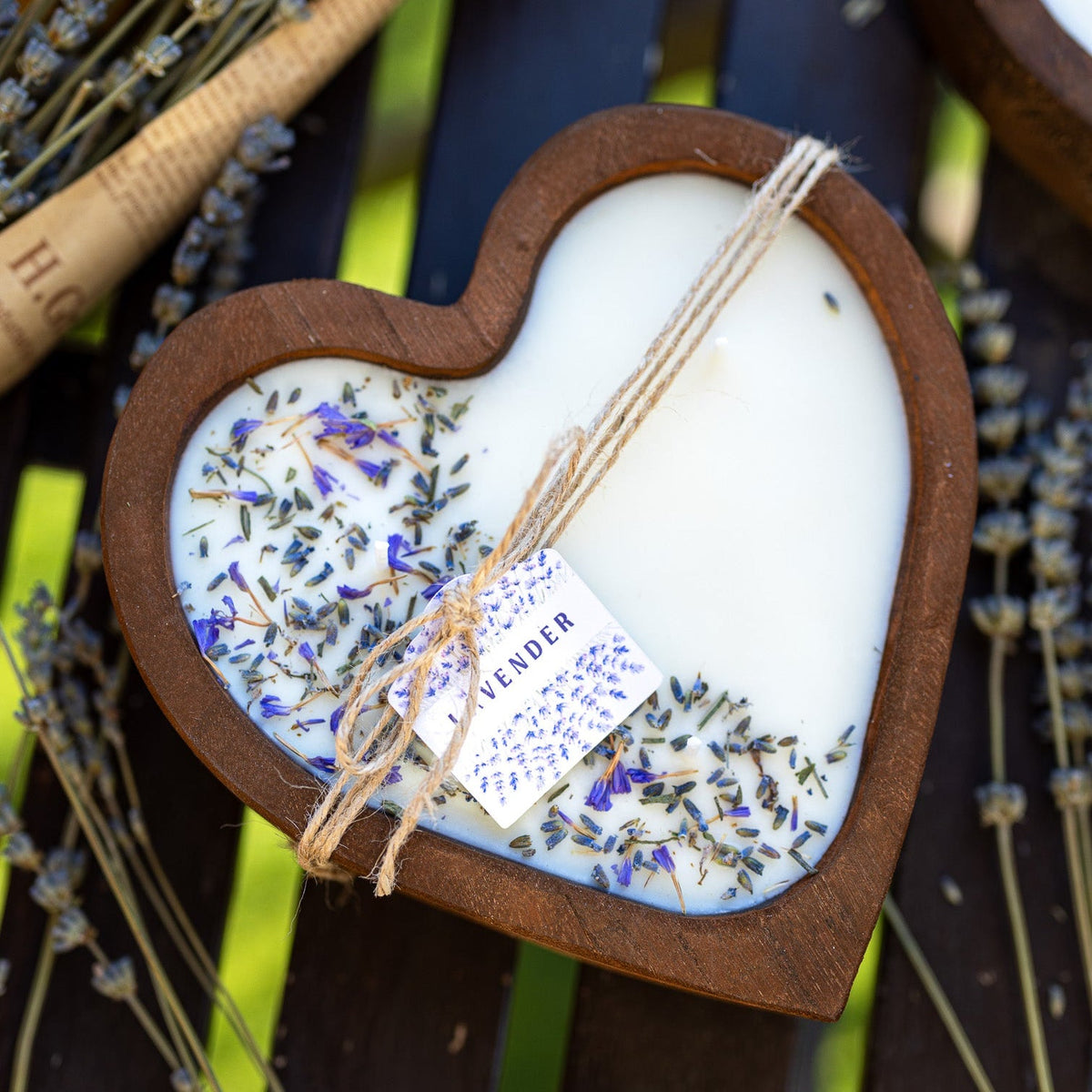 Lavender Heart Dough Bowl Candle | Wood Bowl Soy Wax Candle — product photo 1