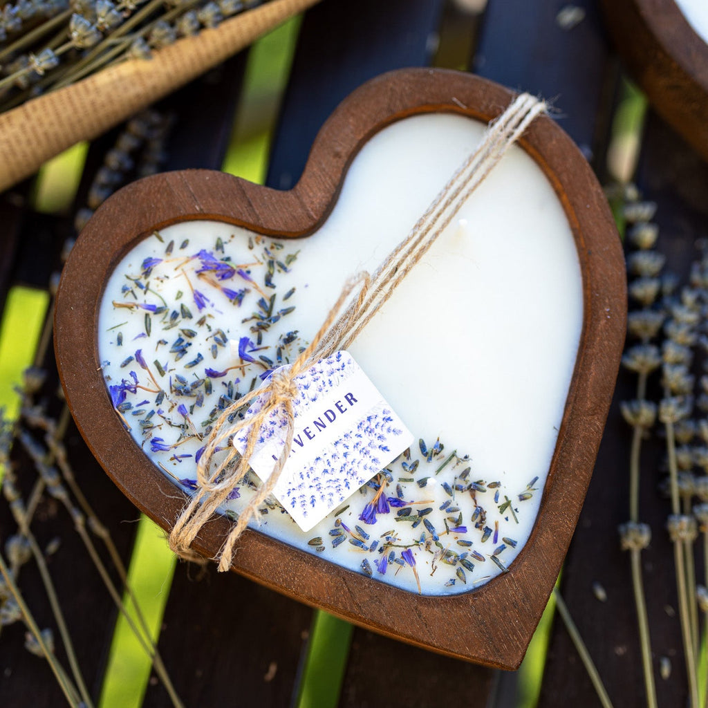 Lavender Heart Dough Bowl Candle | Wood Bowl Soy Wax Candle — product photo 2