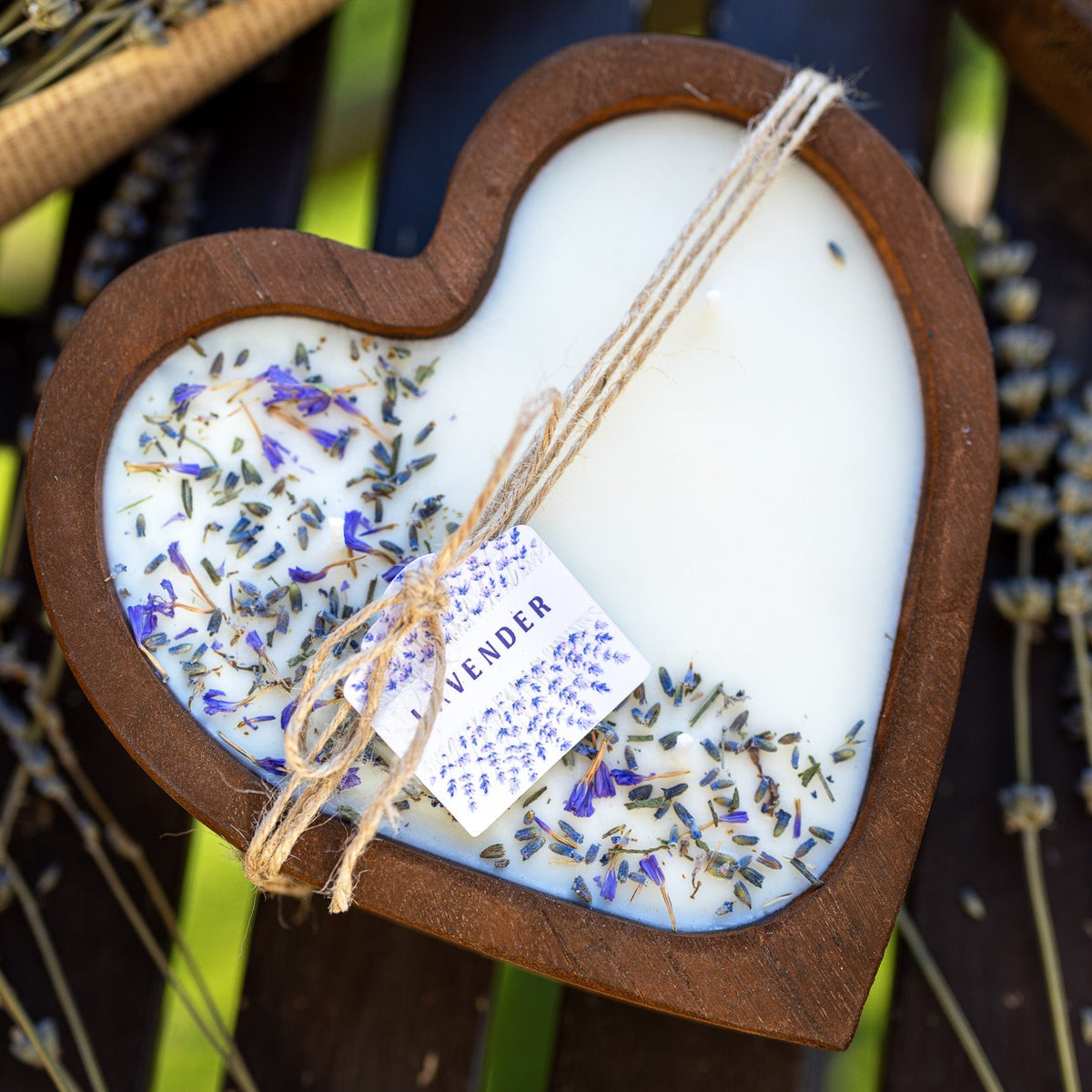 Lavender Heart Dough Bowl Candle | Wood Bowl Soy Wax Candle — product photo 6