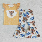 Girls' Highland Cow Top & Bell-Bottom Pants Set