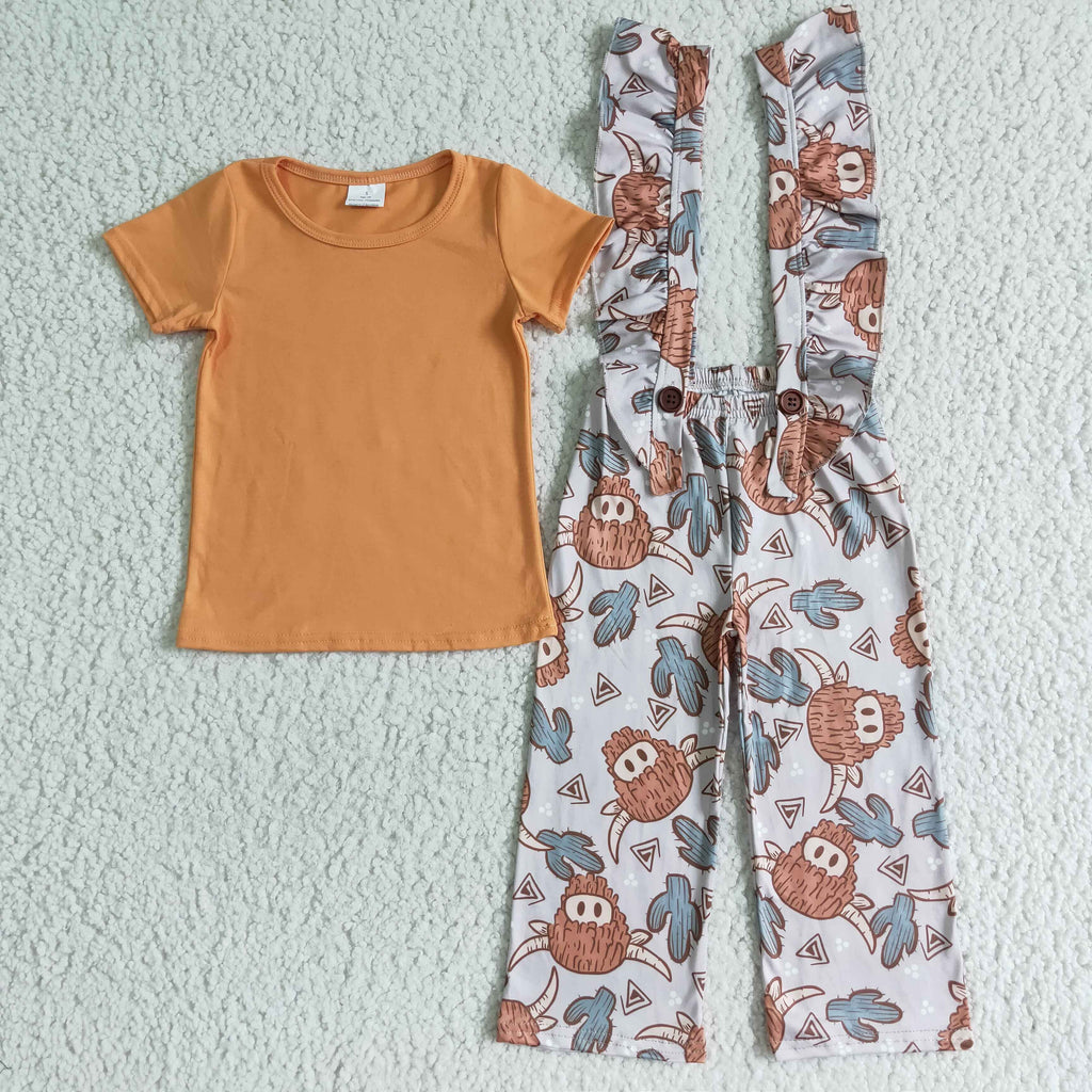 Girls' Highland Cow Overalls & Shirt Set