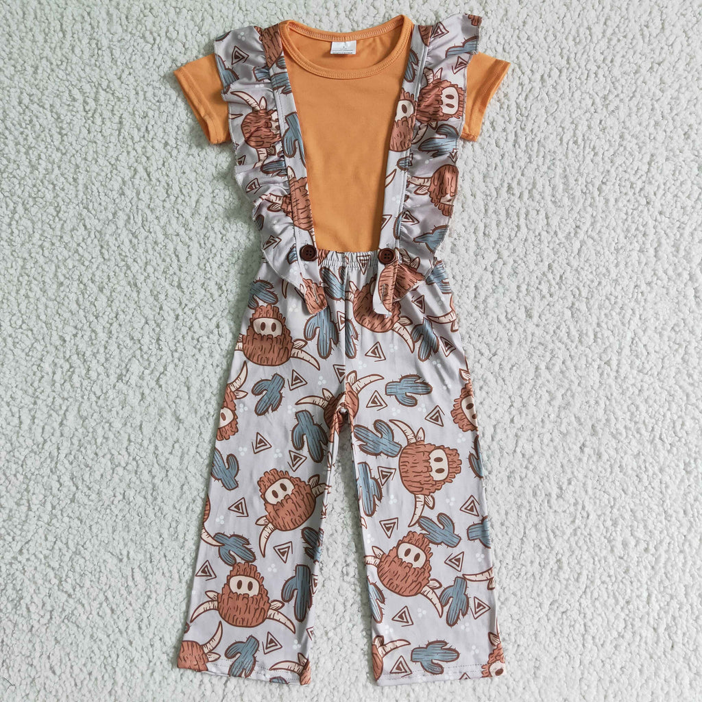 Girls' Highland Cow Overalls & Shirt Set