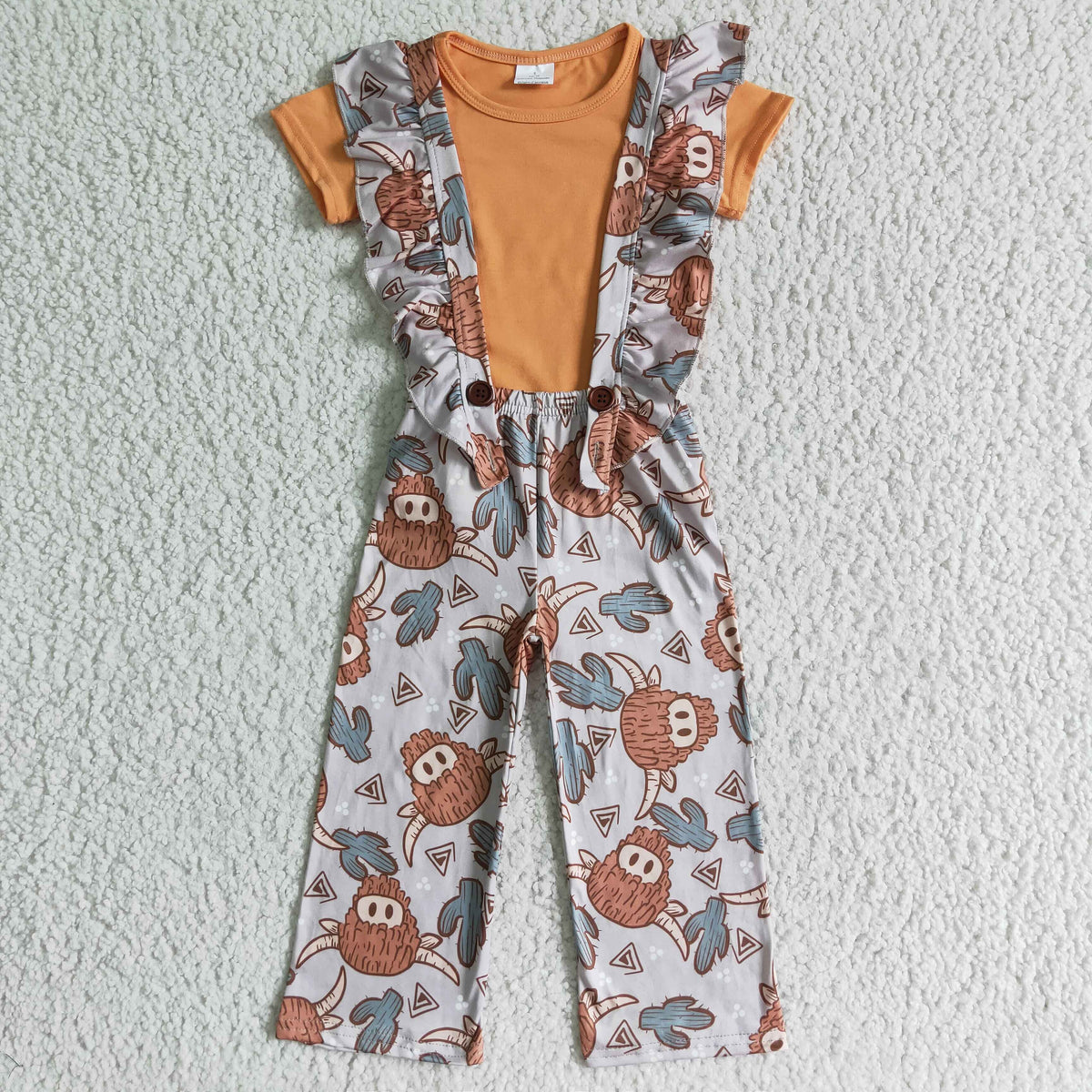 Girls' Highland Cow Overalls & Shirt Set