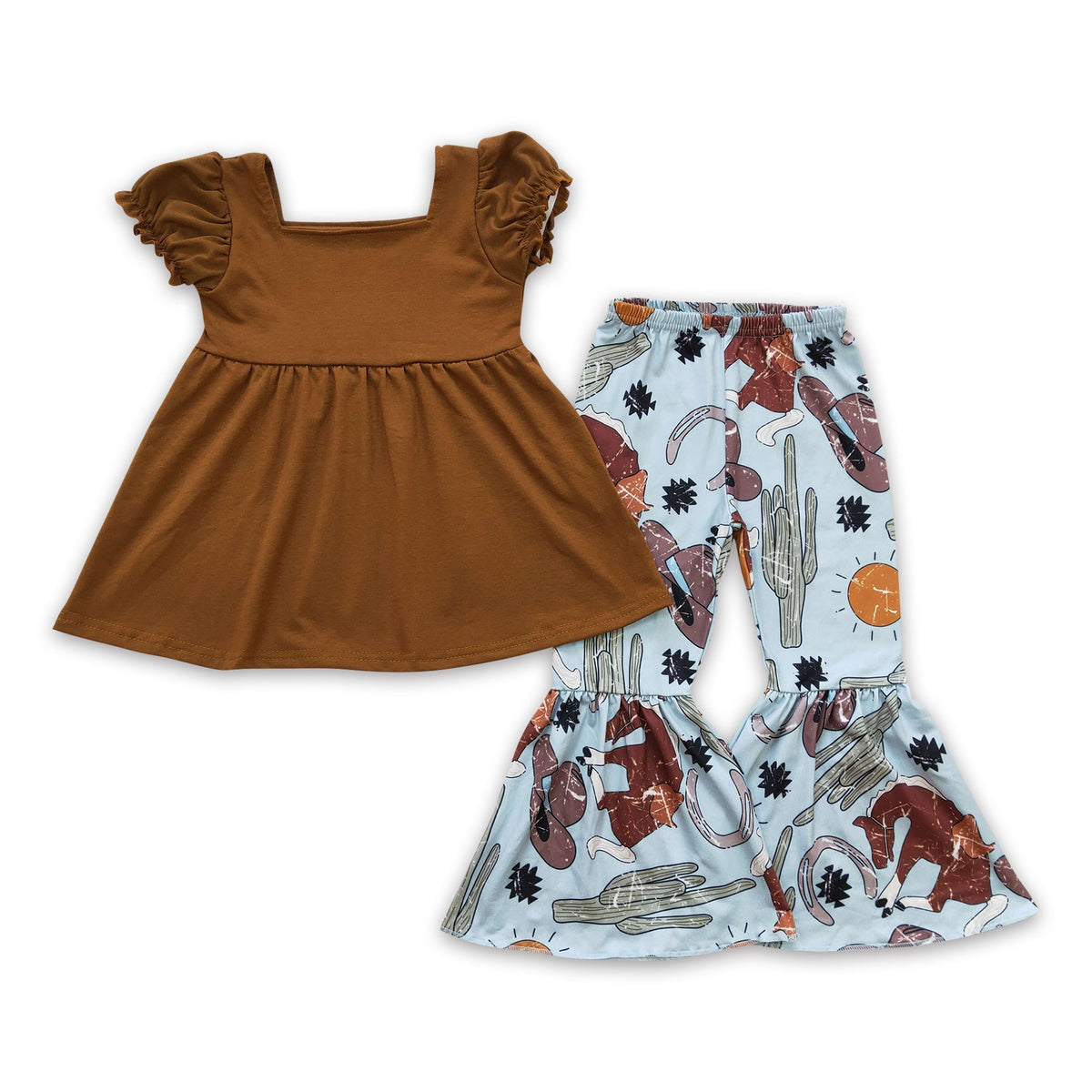 Brown cotton tunic cactus hat kids girls western outfits — product image