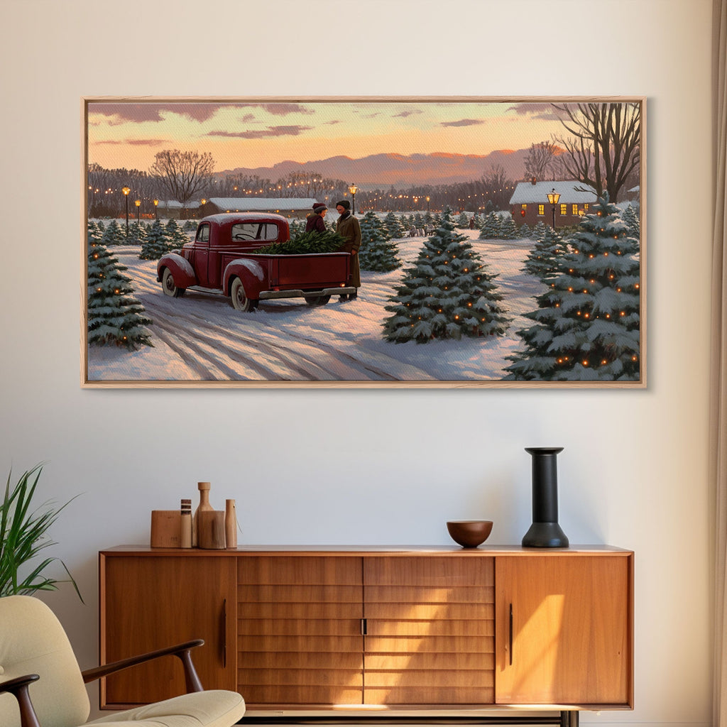 Christmas Tree Farm Framed Canvas Print, Red Truck Winter Scene, Farmhouse Christmas Decor, Christmas Vacation Decor, Holiday Art Gift
