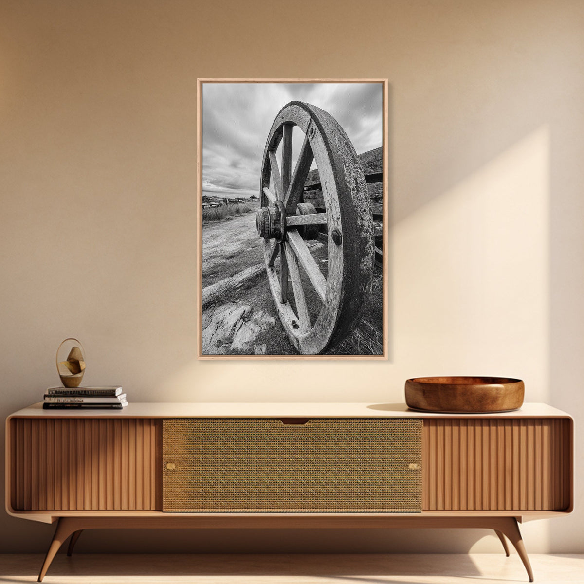 Rustic Wagon Wheel, Country Road, Western Wall Decor, Framed Canvas Print, Farmhouse Style, Living Room Art, Vintage Photography