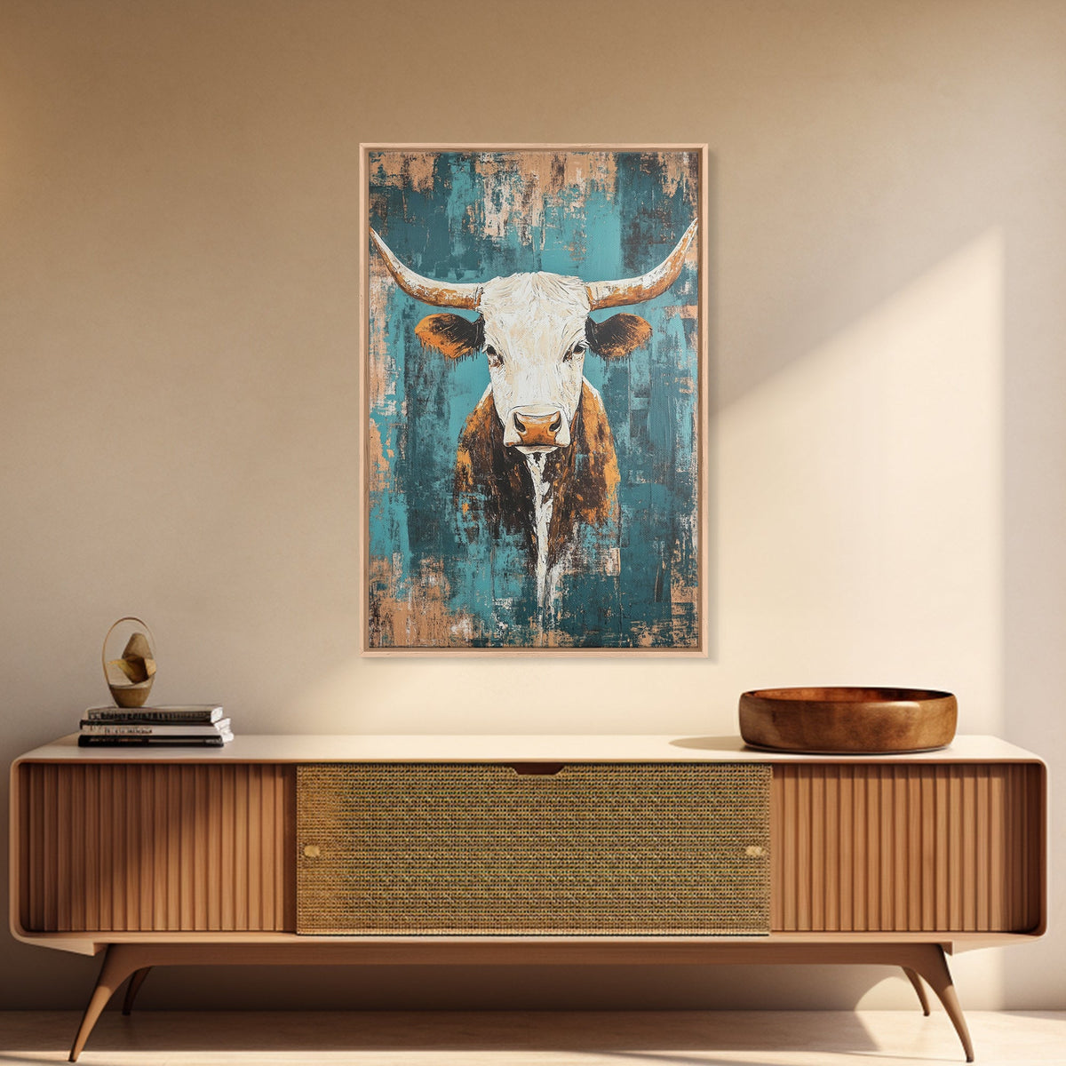 Vintage Longhorn, Rustic Wall Art, Teal Wall Art, Farmhouse Art, Canvas Print, Southwest Wall Art, Gift Idea, Country Home Decor