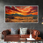 Sunset Ranch Framed Canvas Print Western Farmhouse Landscape Autumn Wall Art Large Fall Country Home Decor Above Sofa Art Piece