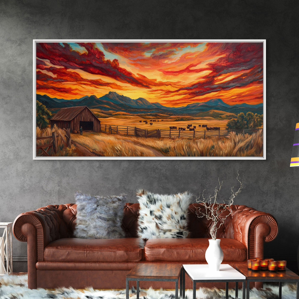 Sunset Ranch Framed Canvas Print Western Farmhouse Landscape Autumn Wall Art Large Fall Country Home Decor Above Sofa Art Piece