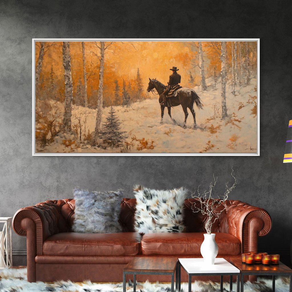 Cowboy riding horse through deep snow in a winter storm, Framed Canvas Print, dynamic winter wall art, rustic western home decor