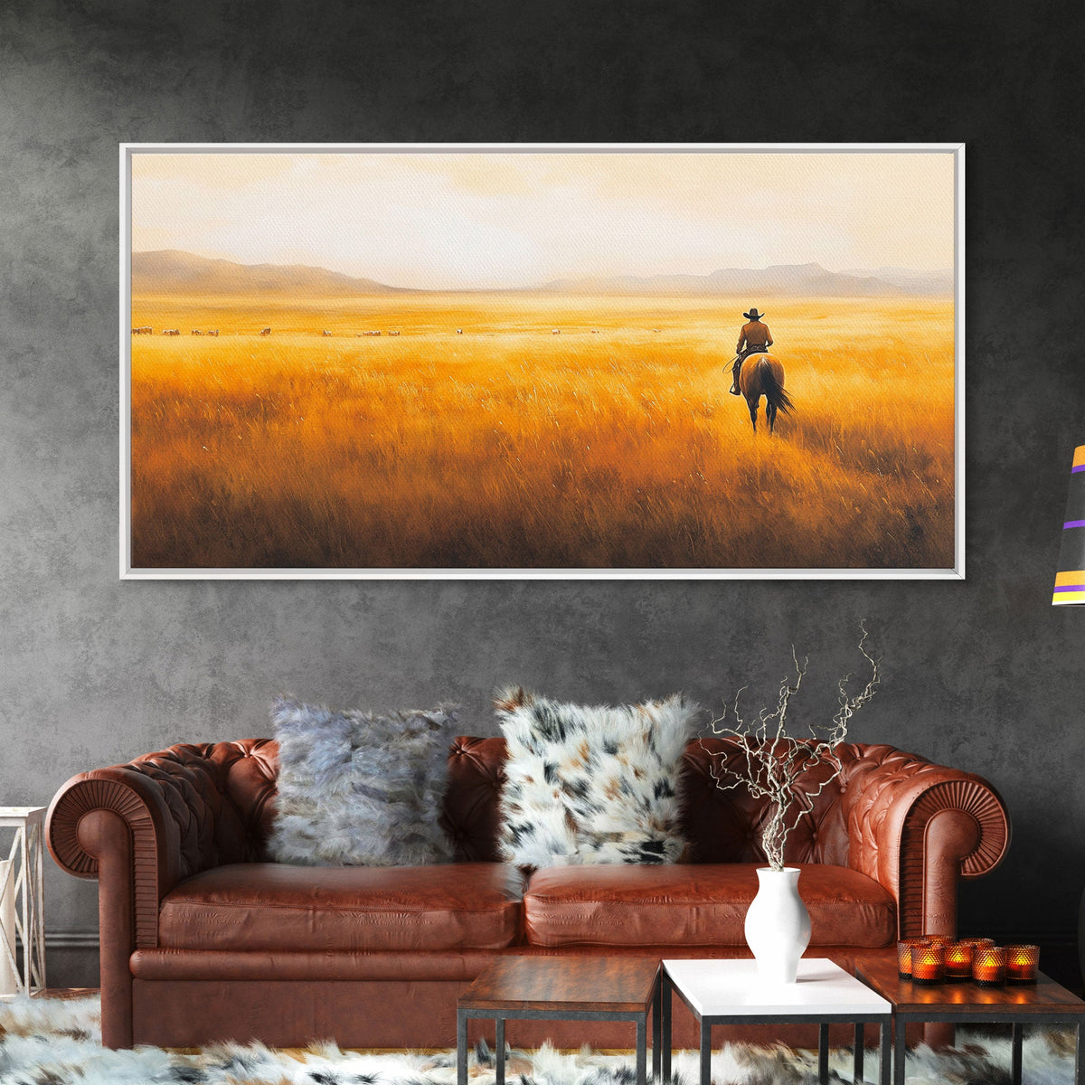 Herding Cattle Across Plains Framed Canvas Print Tall Art Rustic Autumn Landscape Western Country Decor Fall Home Wall Art Farmhouse Gift