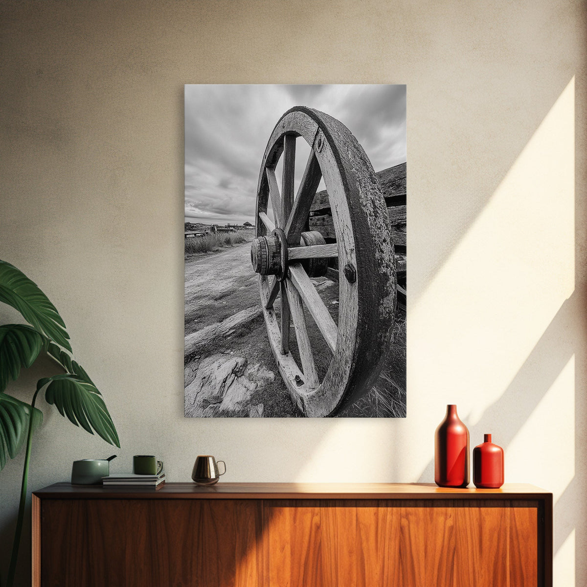 Rustic Wagon Wheel, Country Road, Western Wall Decor, Framed Canvas Print, Farmhouse Style, Living Room Art, Vintage Photography