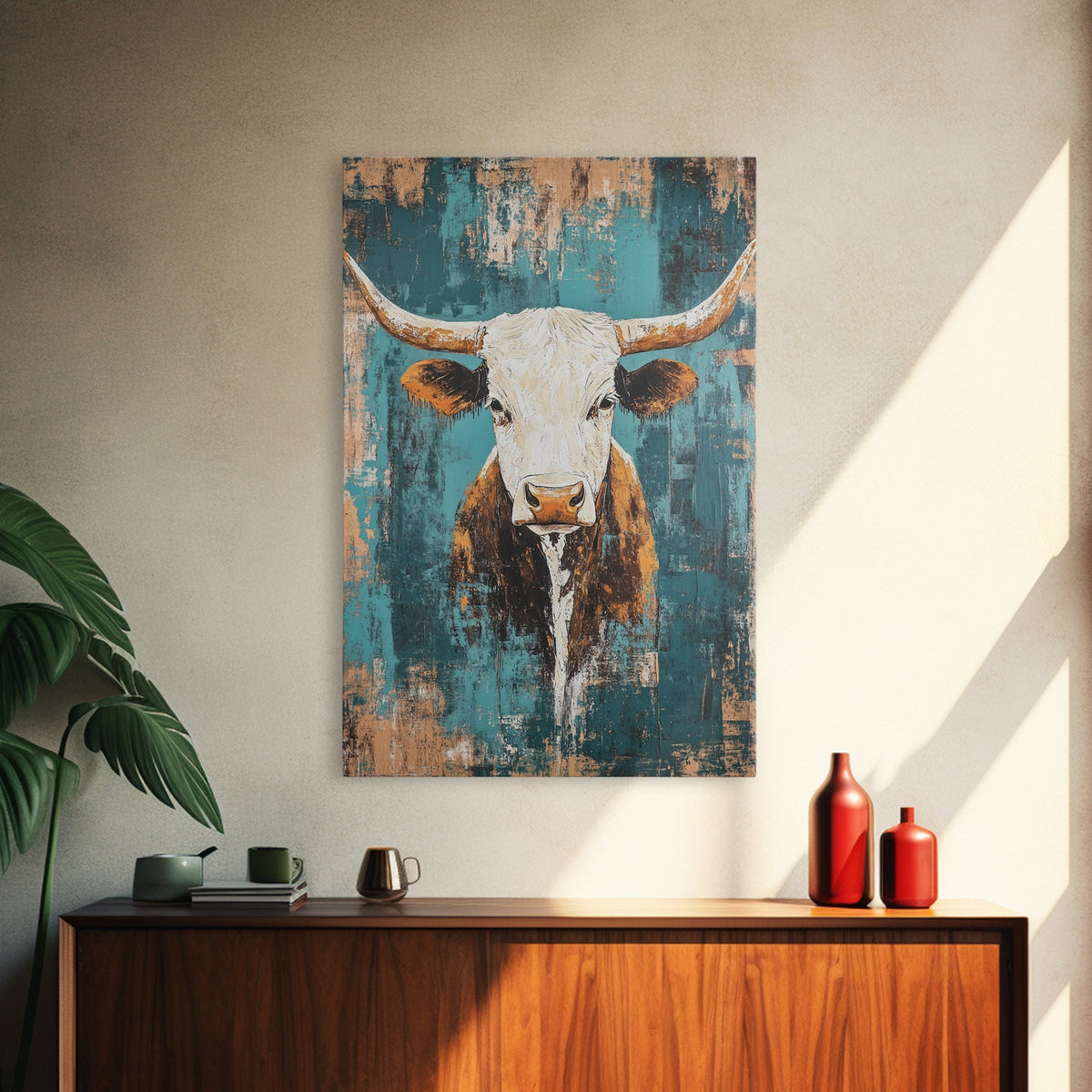 Vintage Longhorn, Rustic Wall Art, Teal Wall Art, Farmhouse Art, Canvas Print, Southwest Wall Art, Gift Idea, Country Home Decor