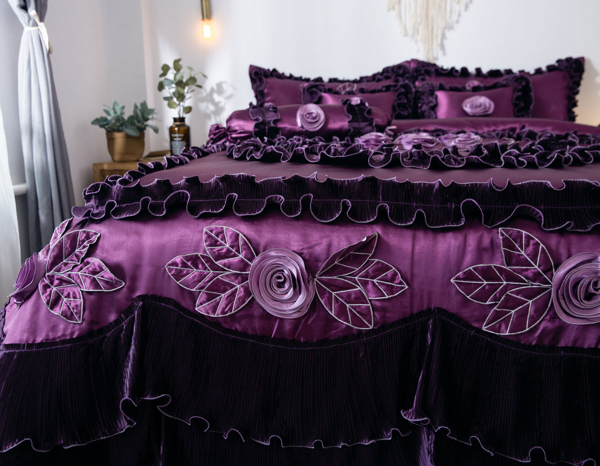 Tache Satin Ruffle Dark Purple Floral Midnight Bloom Comforter (BM-6438)