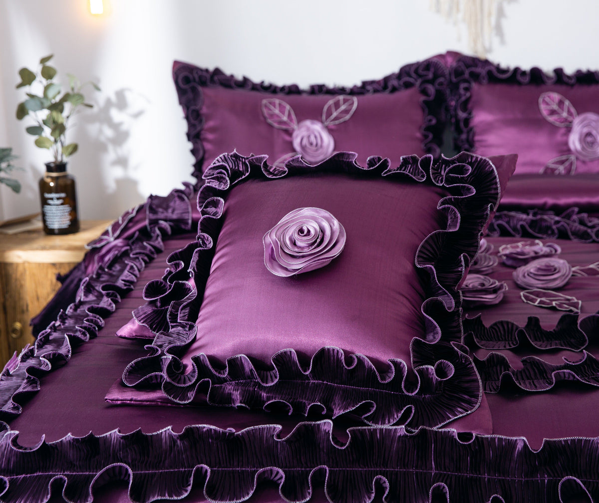 Tache Satin Ruffle Dark Purple Floral Midnight Bloom Comforter (BM-6438)