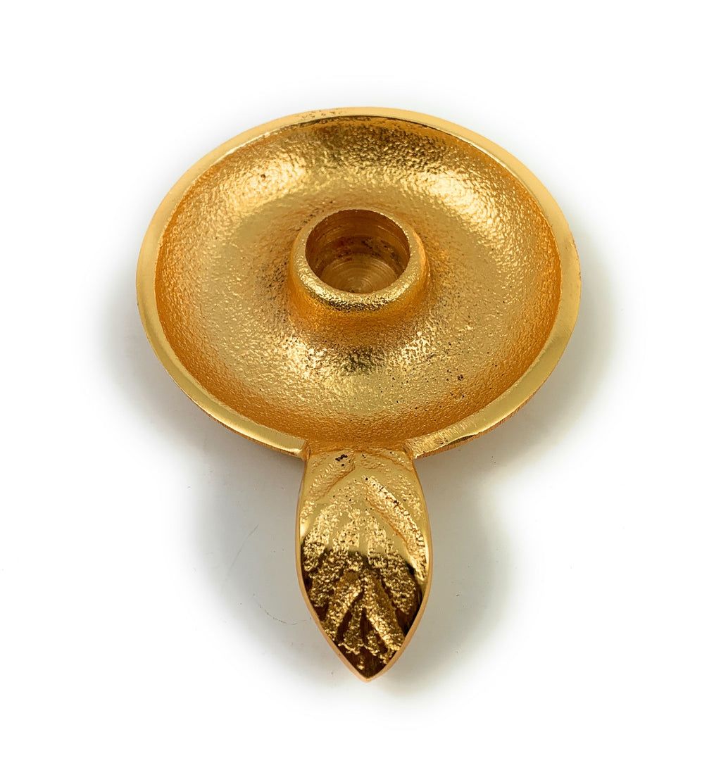 Vibhsa Gold Taper Candlestick Holder Dish | Leaf Handle, Rustic Gold, Aluminum — product image